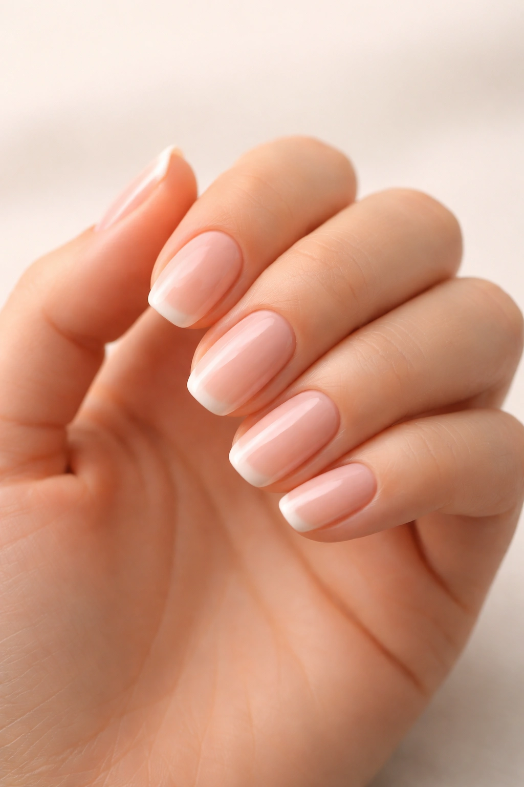 Close-up of a hand showing a flattering nail shape against a neutral background.