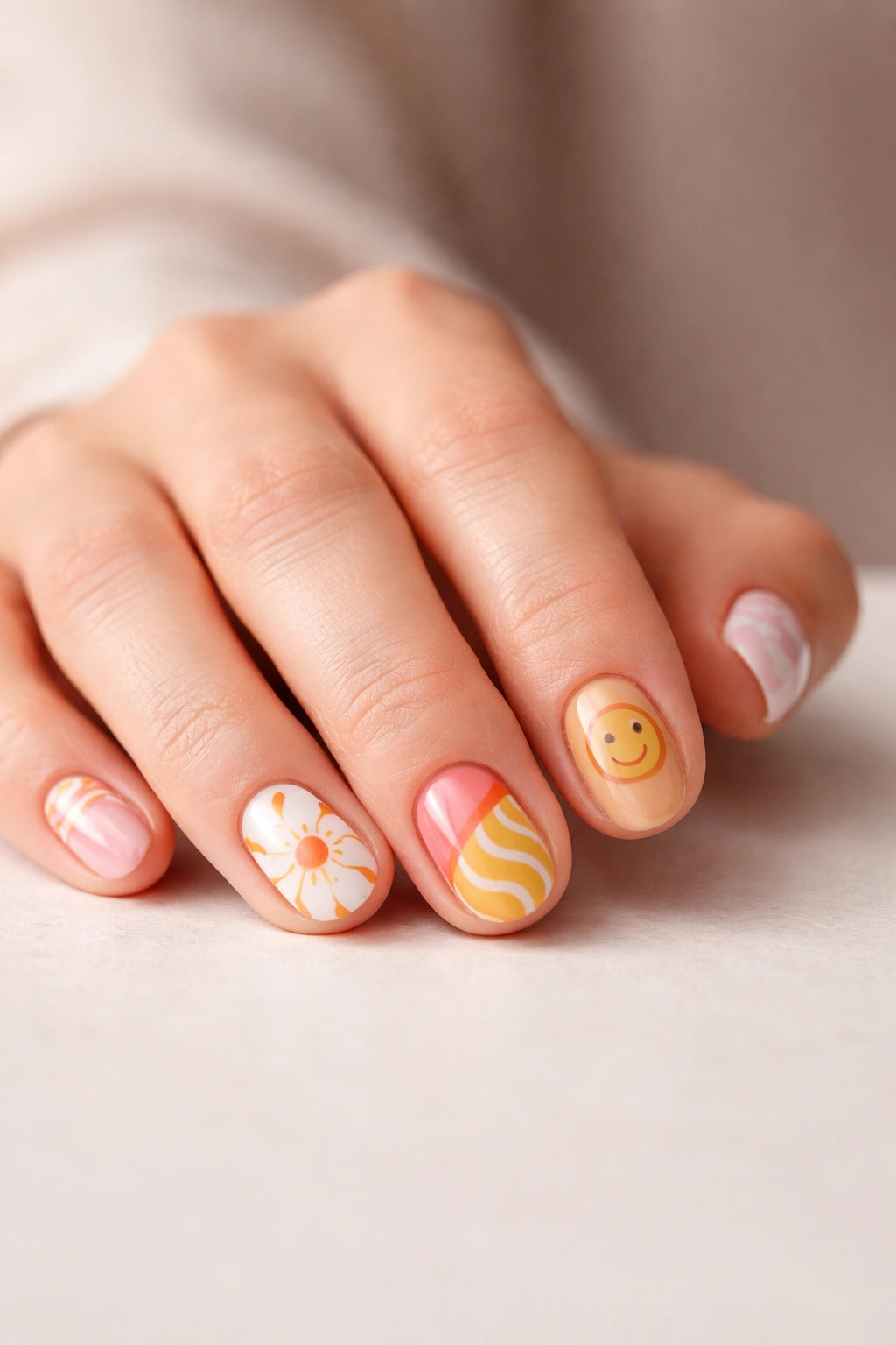 Calm hand with retro-inspired nails on neutral surface