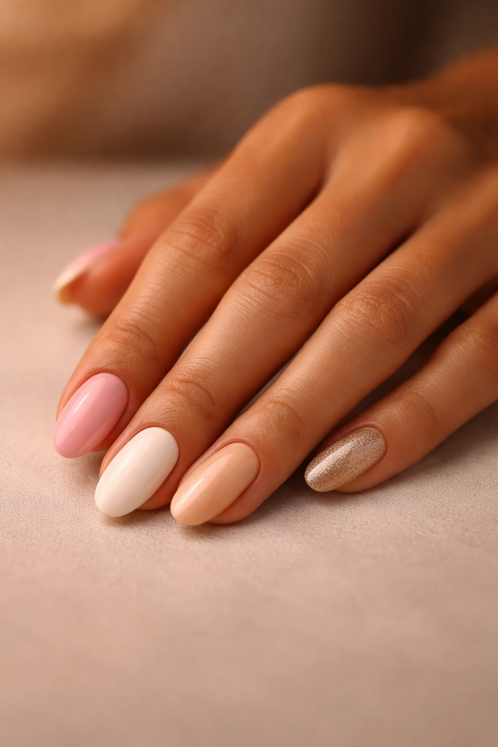 Hand with polished nails resting on a neutral surface in warm lighting