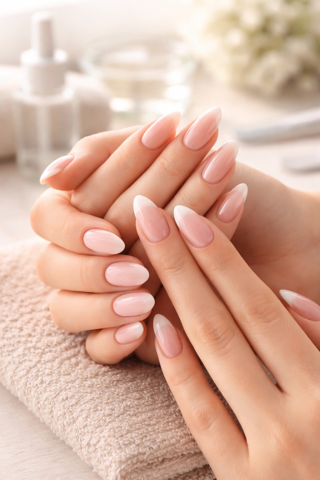 Calm hands with neatly manicured nails in minimal setting