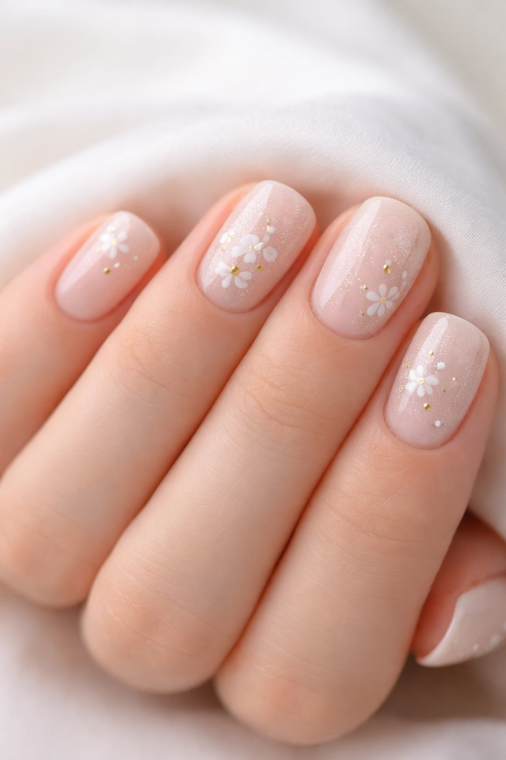 Hand with simple neutral short squoval nails against white background