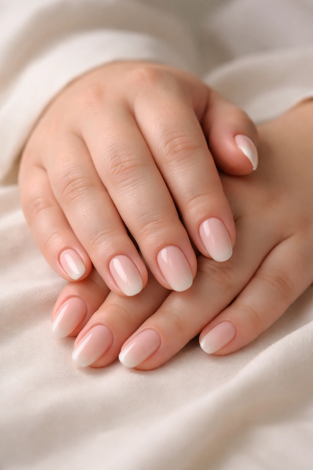 Calm hands with neatly shaped nails resting on a neutral surface