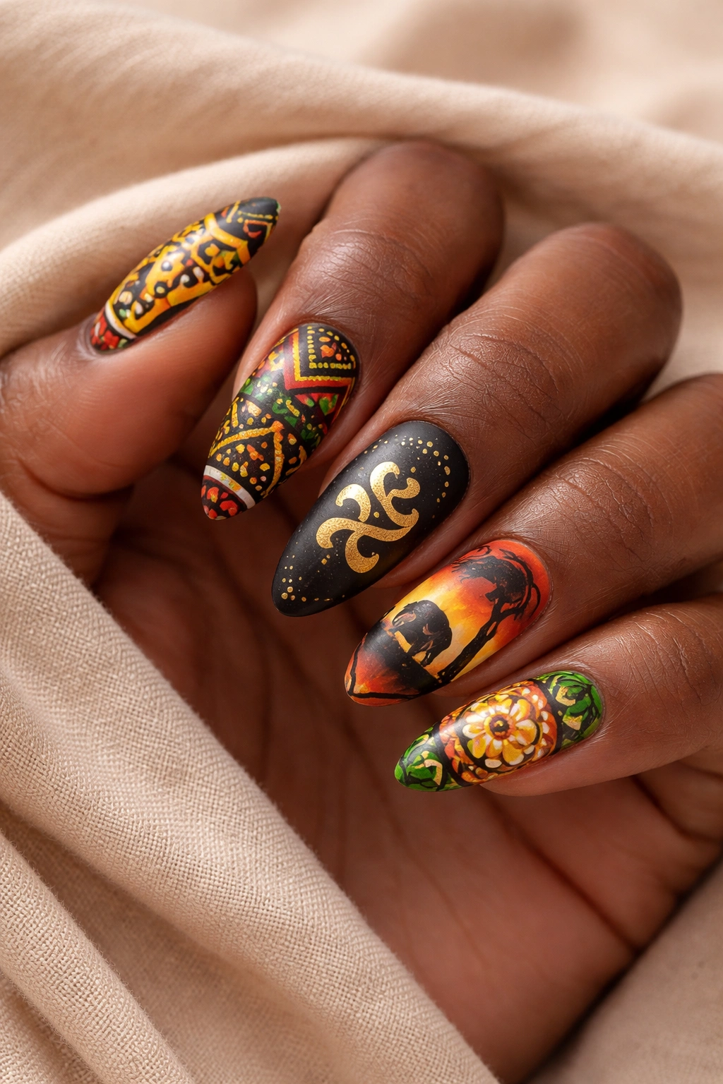 Hand with a curated mix of African inspired nail patterns