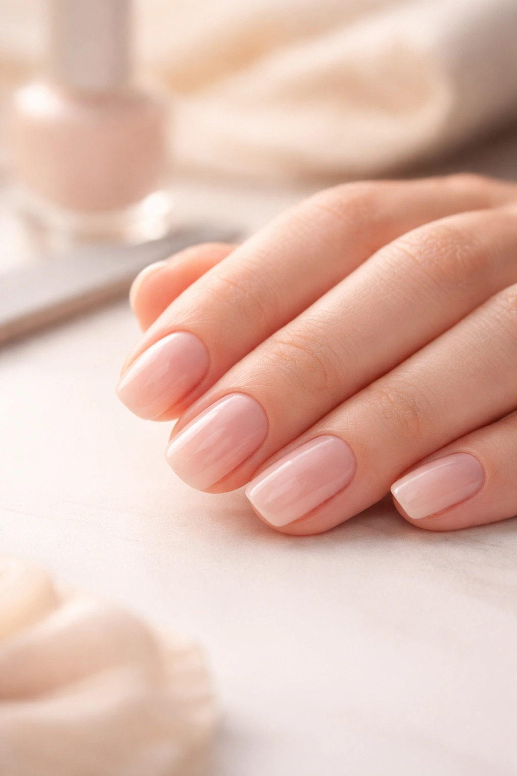 Hand with short squoval nails resting on a plain surface