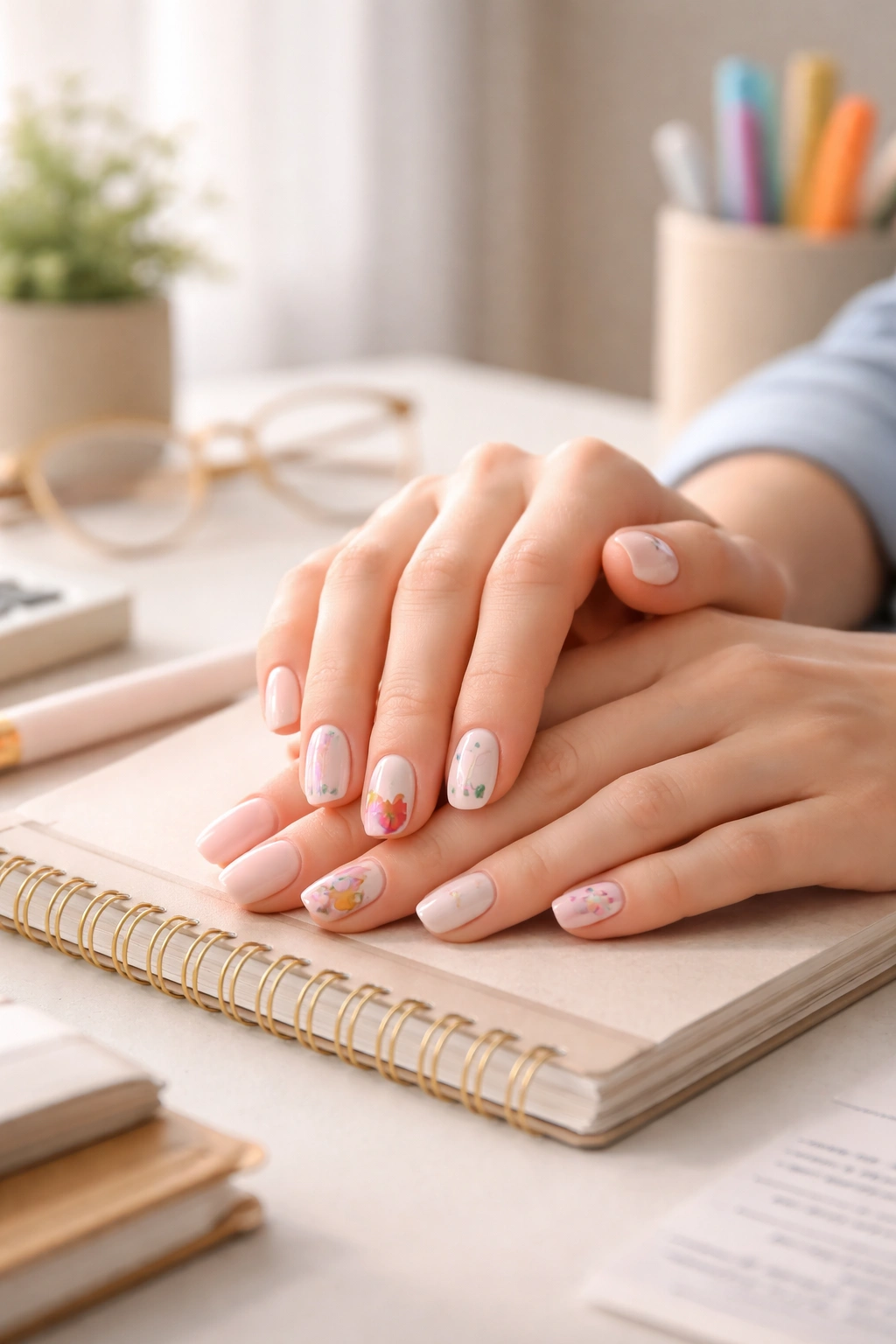Close-up of hands with polished nails on a desk