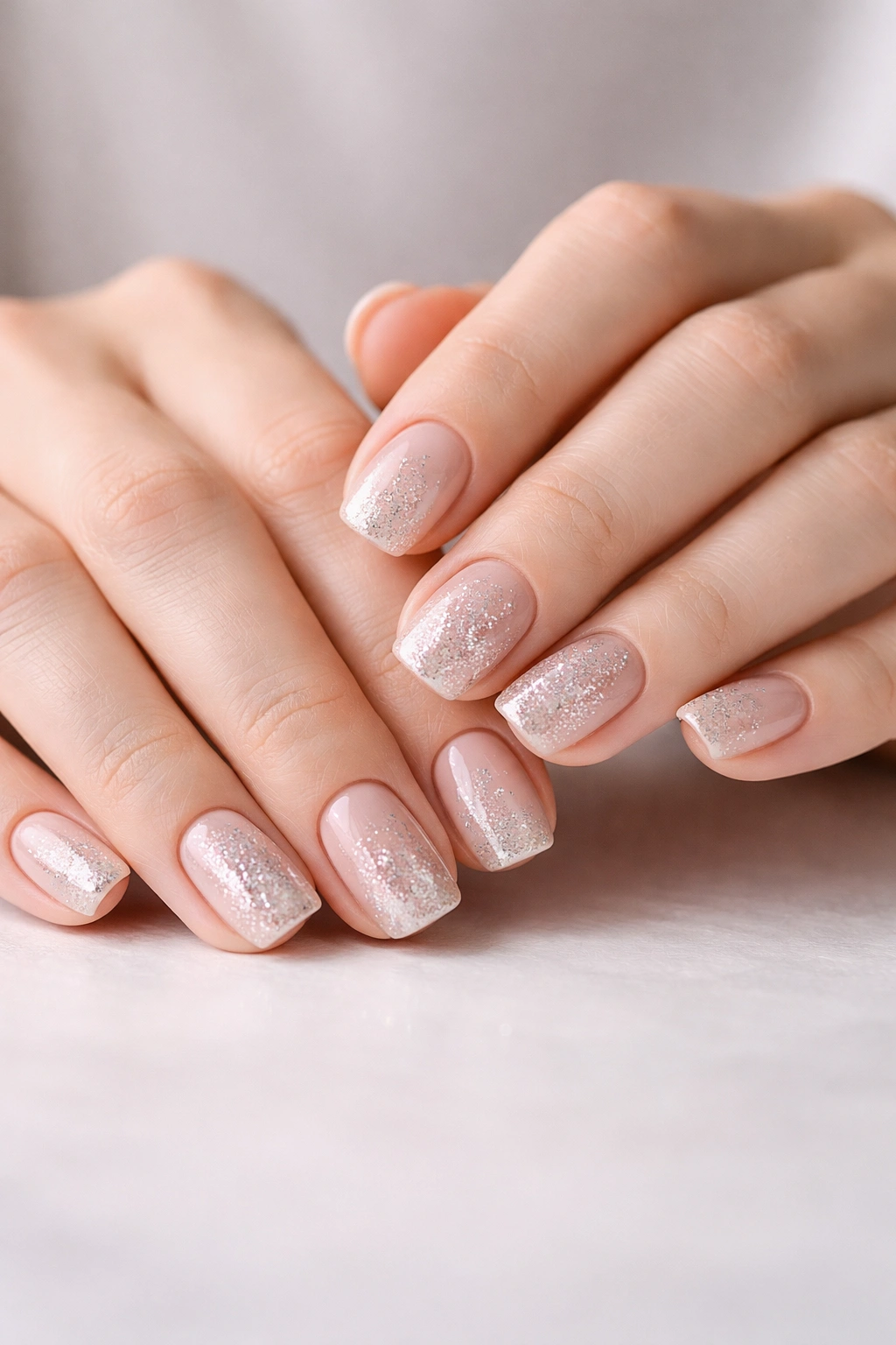 Hands resting on a surface showcasing short squoval glitter nails for final thoughts