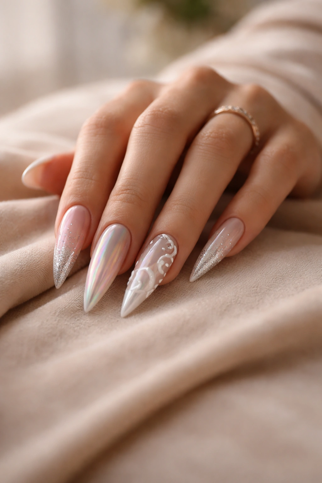 Hand with stiletto nails resting on neutral surface in soft light