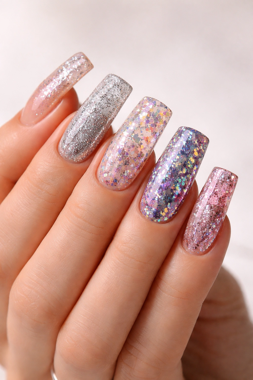 Hand with glitter duck nails showing various finishes.