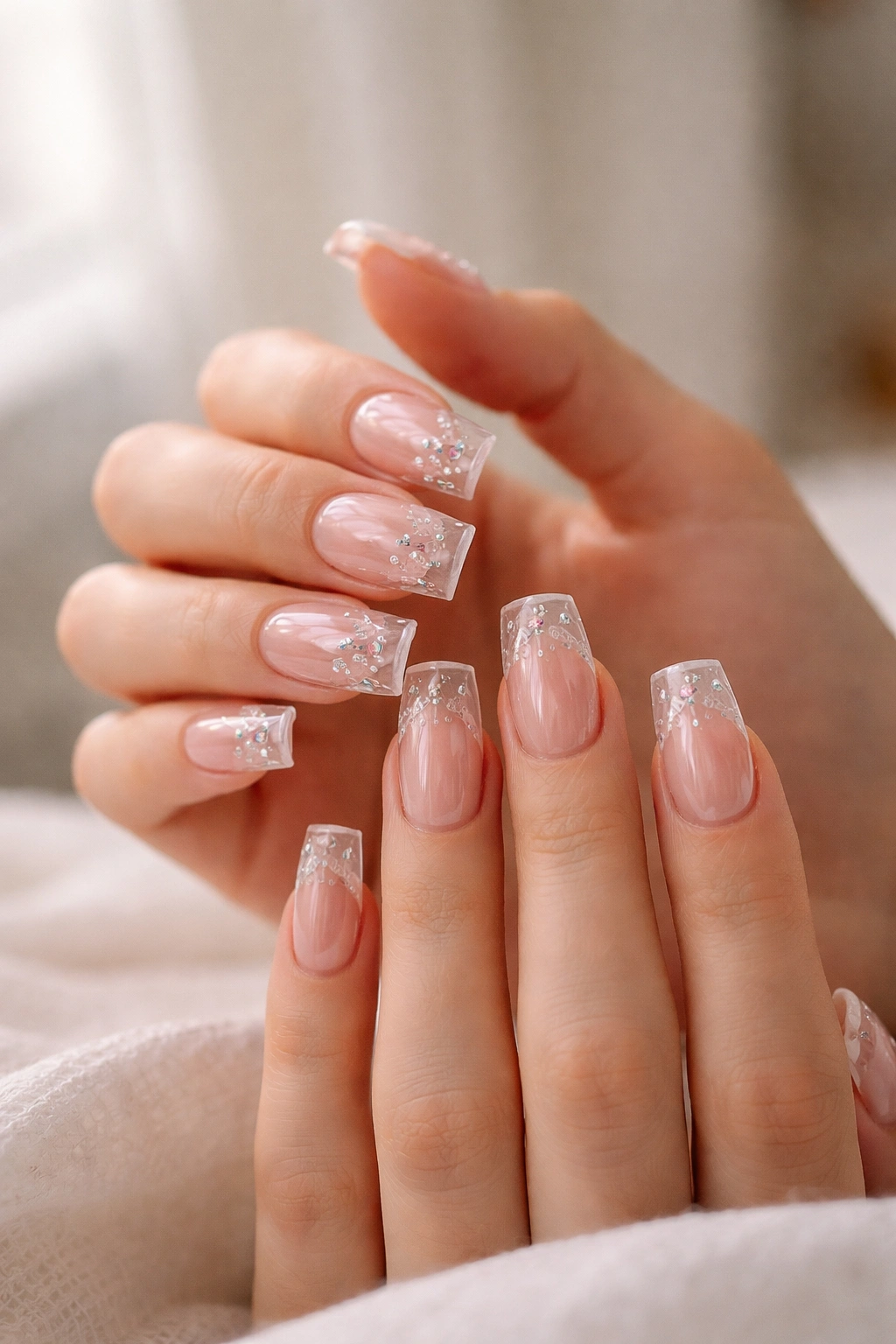Close-up of hands with clear duck nails in a calm studio setting.