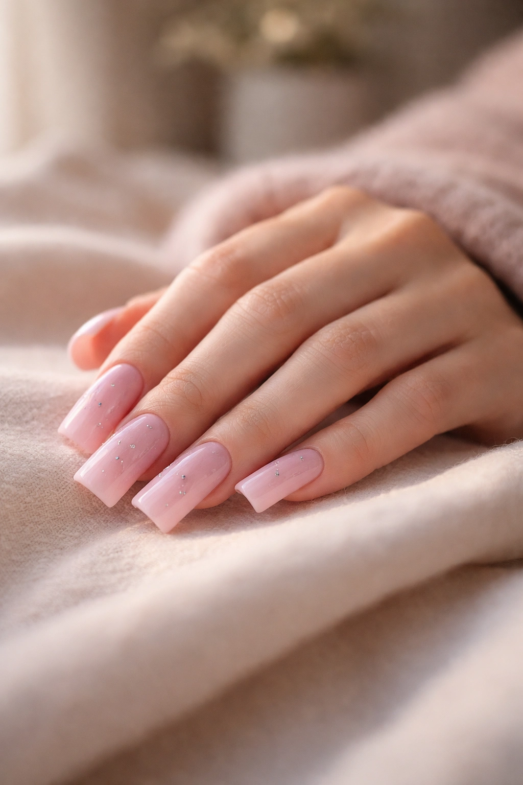 Contemplative hand with pastel pink duck nails in a calm, warm setting