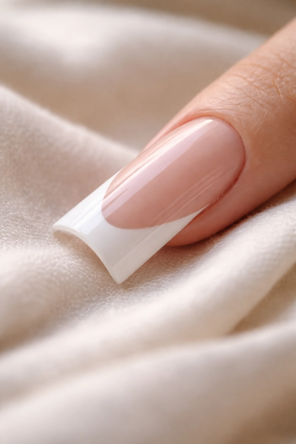 Close-up of a single long duck nail with a refined neutral finish
