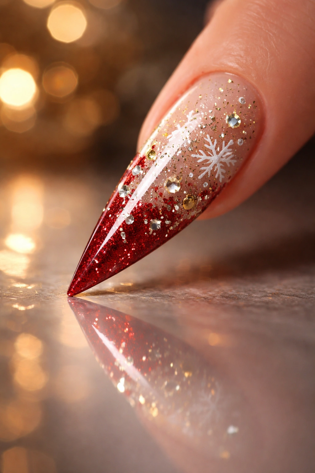 Close-up of a single glossy festive stiletto nail on a reflective surface