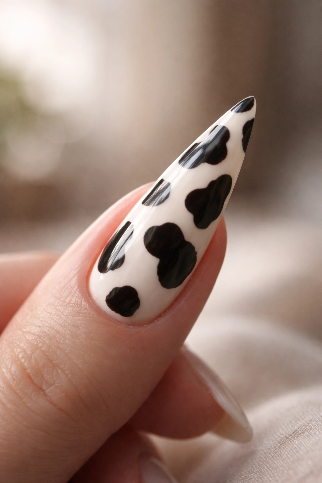 Close-up of a cow print stiletto nail in a calm studio setting