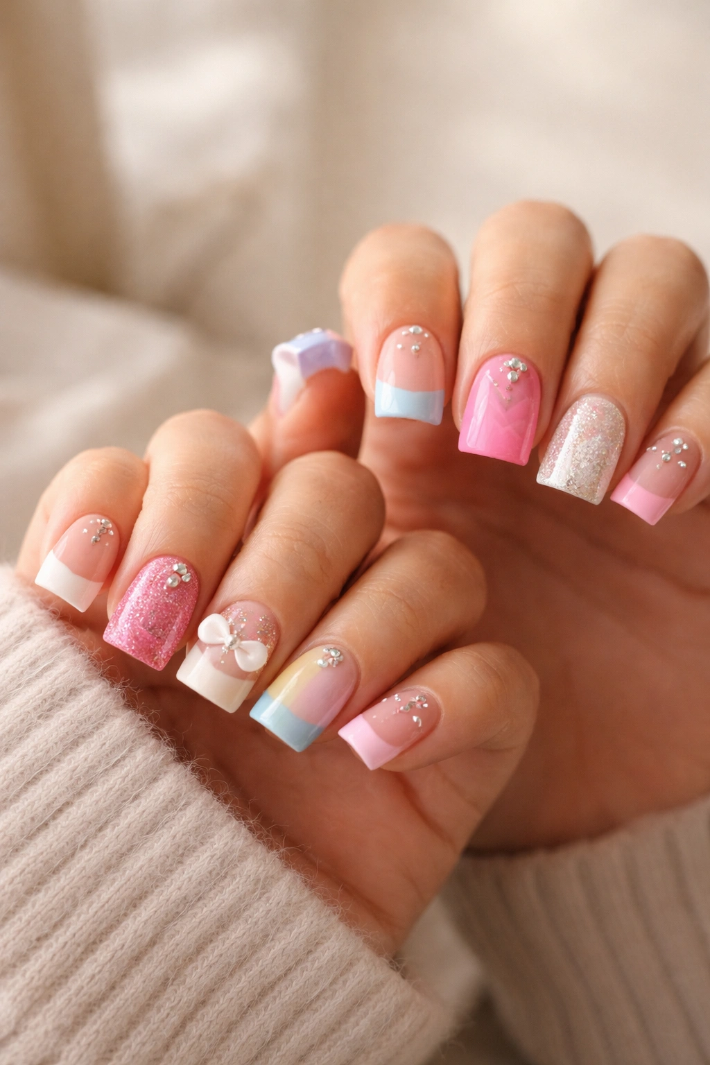 Close-up of hands with duck nail designs on short nails