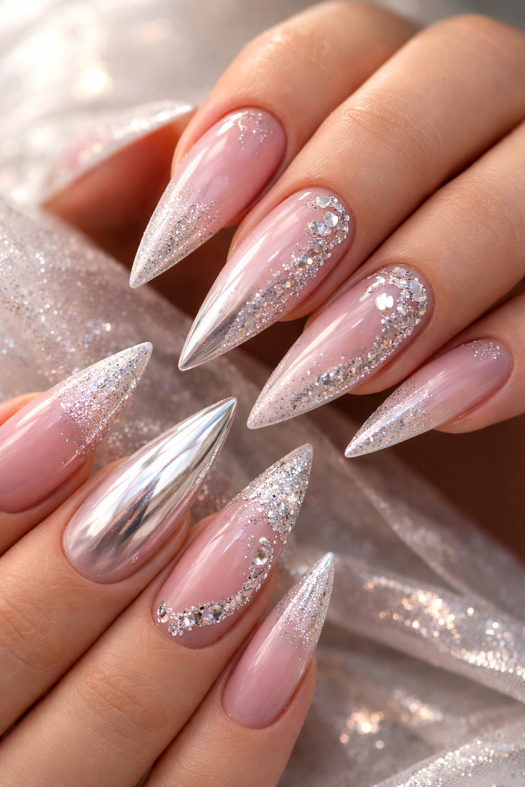 Close-up of pink and silver stiletto nails on a reflective surface
