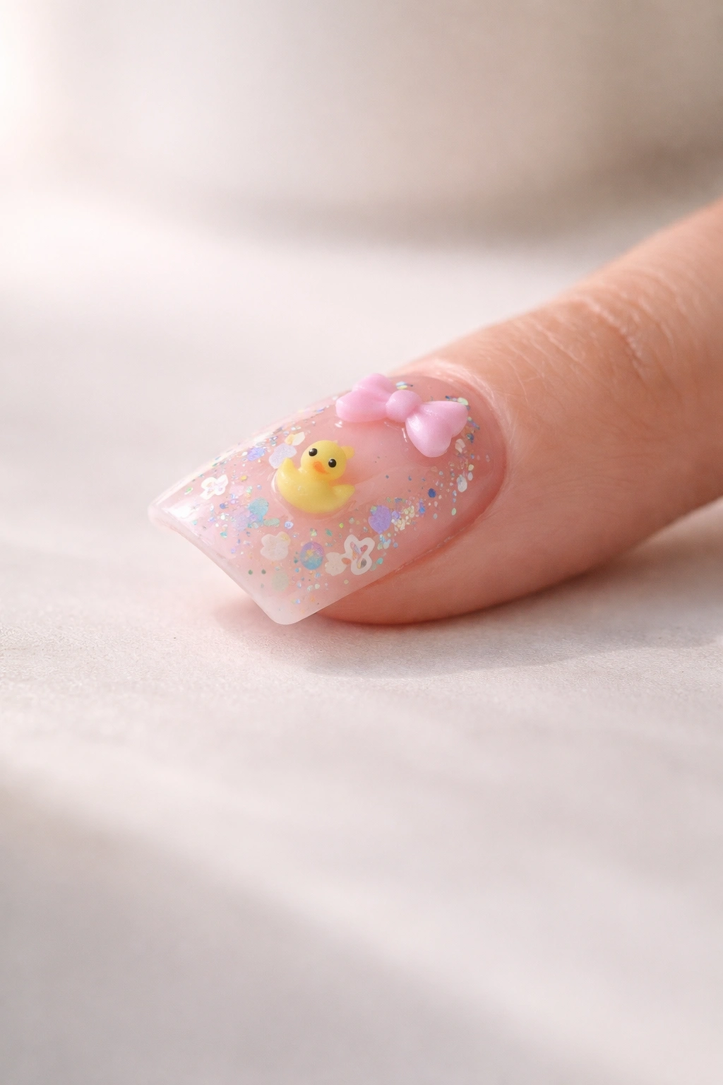 Close-up of a single short duck nail on a neutral background