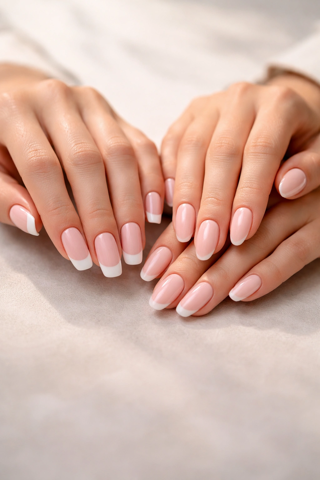 Hands with acrylic and gel nails in a thoughtful pose on a neutral background