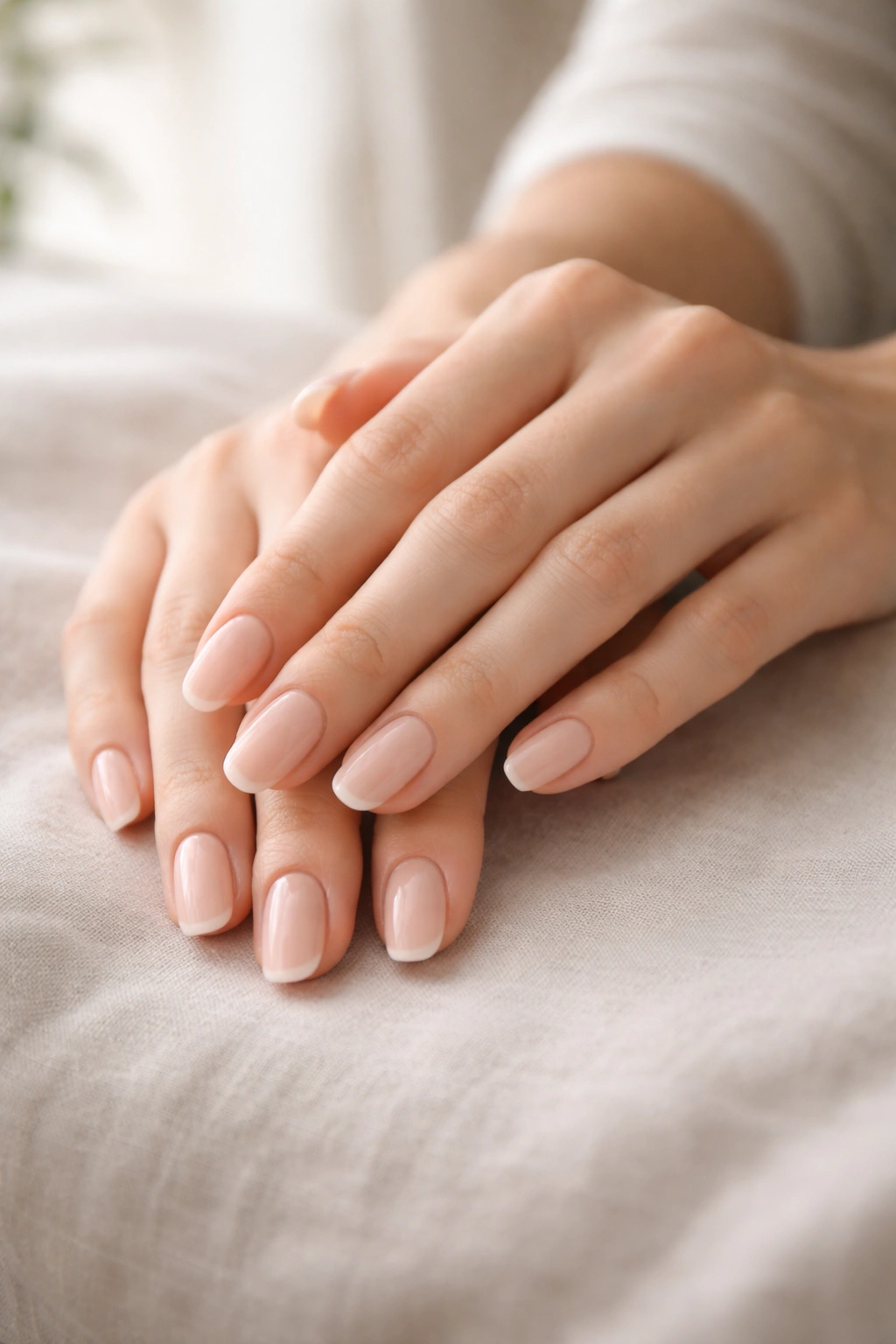 Calm hands with clean natural nails resting on a neutral surface
