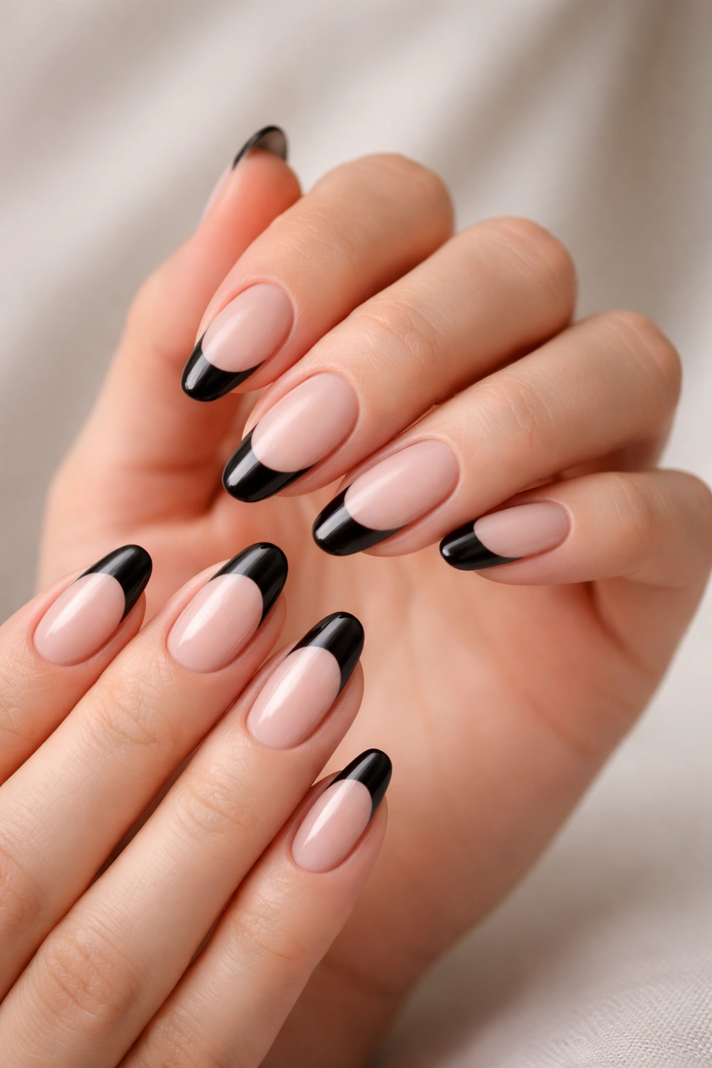 Hands showing black French tip nails as a final polished look