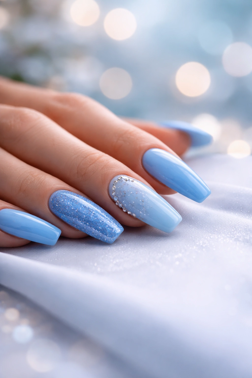 Close-up of blue acrylic nails on a smooth surface with soft background bokeh