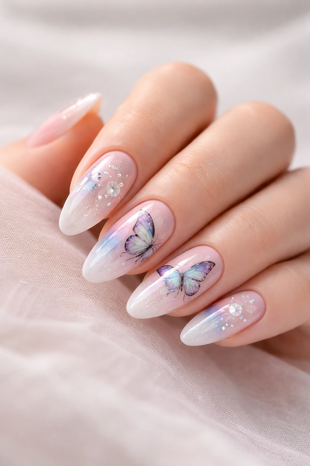 Serene close-up of hands with butterfly-inspired manicured nails in a calm pose