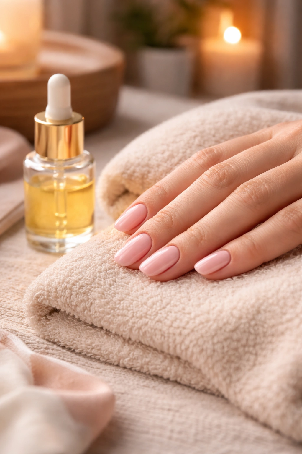 Hand with freshly painted nails resting on soft surface with cuticle oil nearby