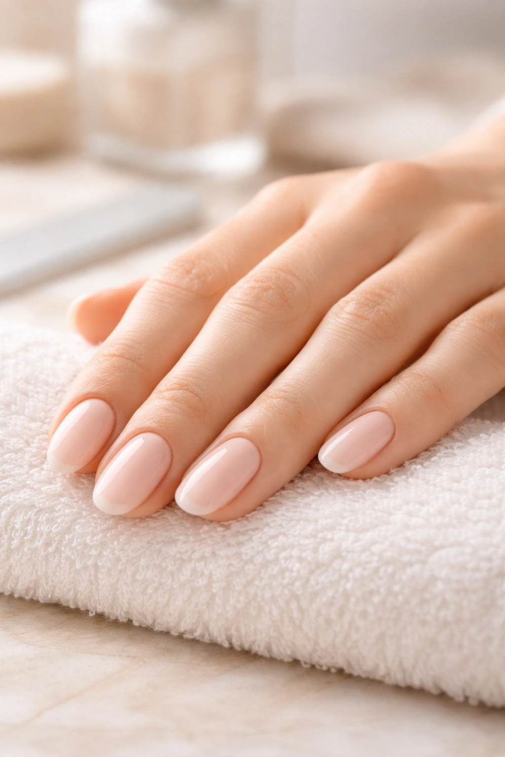 Close-up of a hand with rounded, polished nails on soft fabric