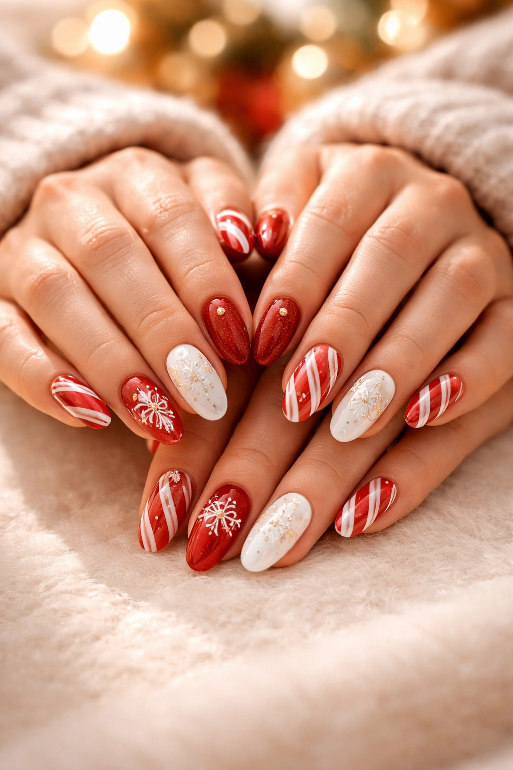 Close up of hands with matching Christmas nail art on a neutral surface