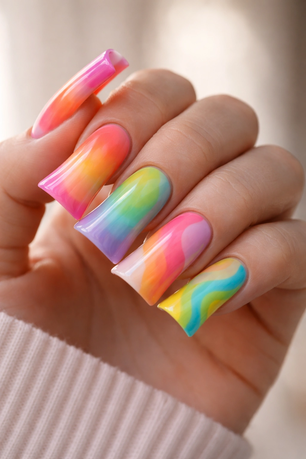 Close-up of colorful duck nails showing varied colors and finishes