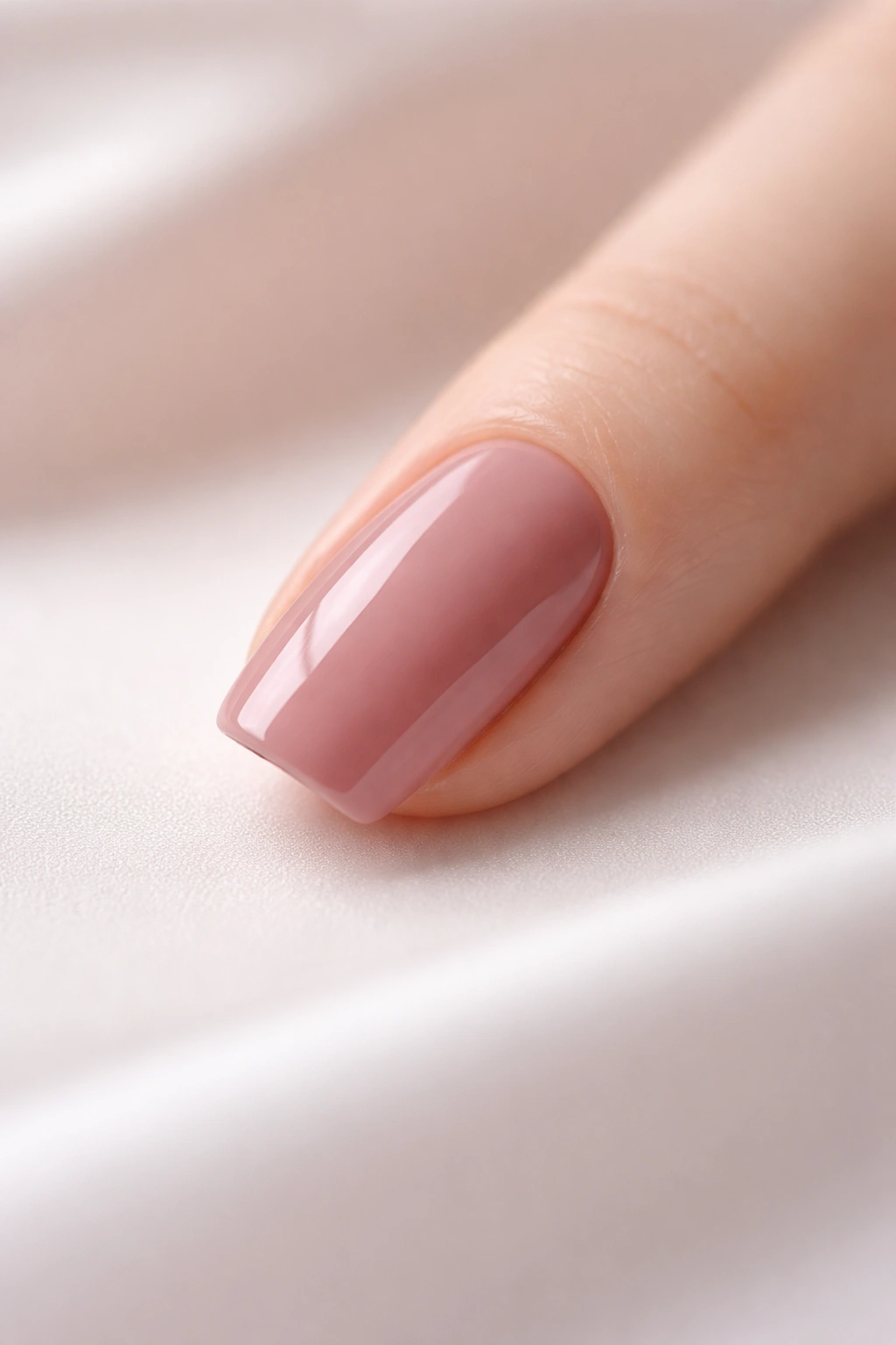 Minimalist close-up of a dusty rose soft square nail on a clean surface.