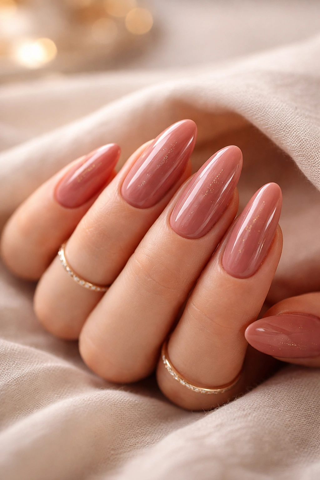 Close-up of long oval nails in dusty rose with gold accents on a neutral surface