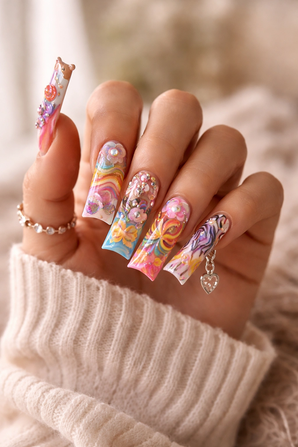 Hand with elongated duck nails showing experimental freestyle nail art on a calm neutral backdrop.