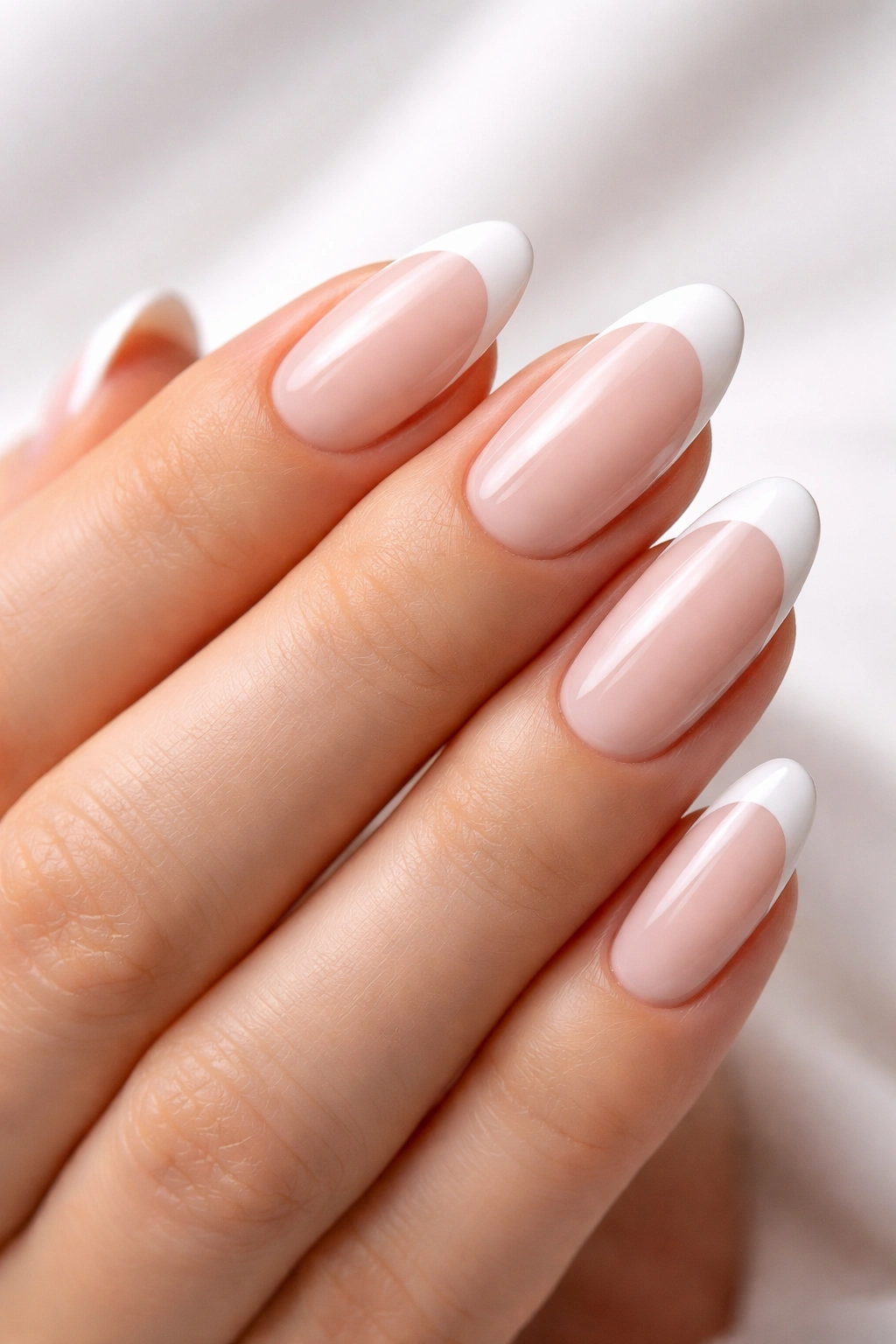 Editorial close-up of refined French tip manicure on long rounded nails