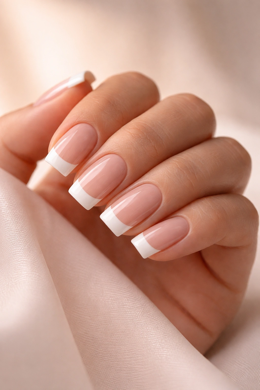 Close-up of hand with short squoval nails featuring white tips on pale pink base