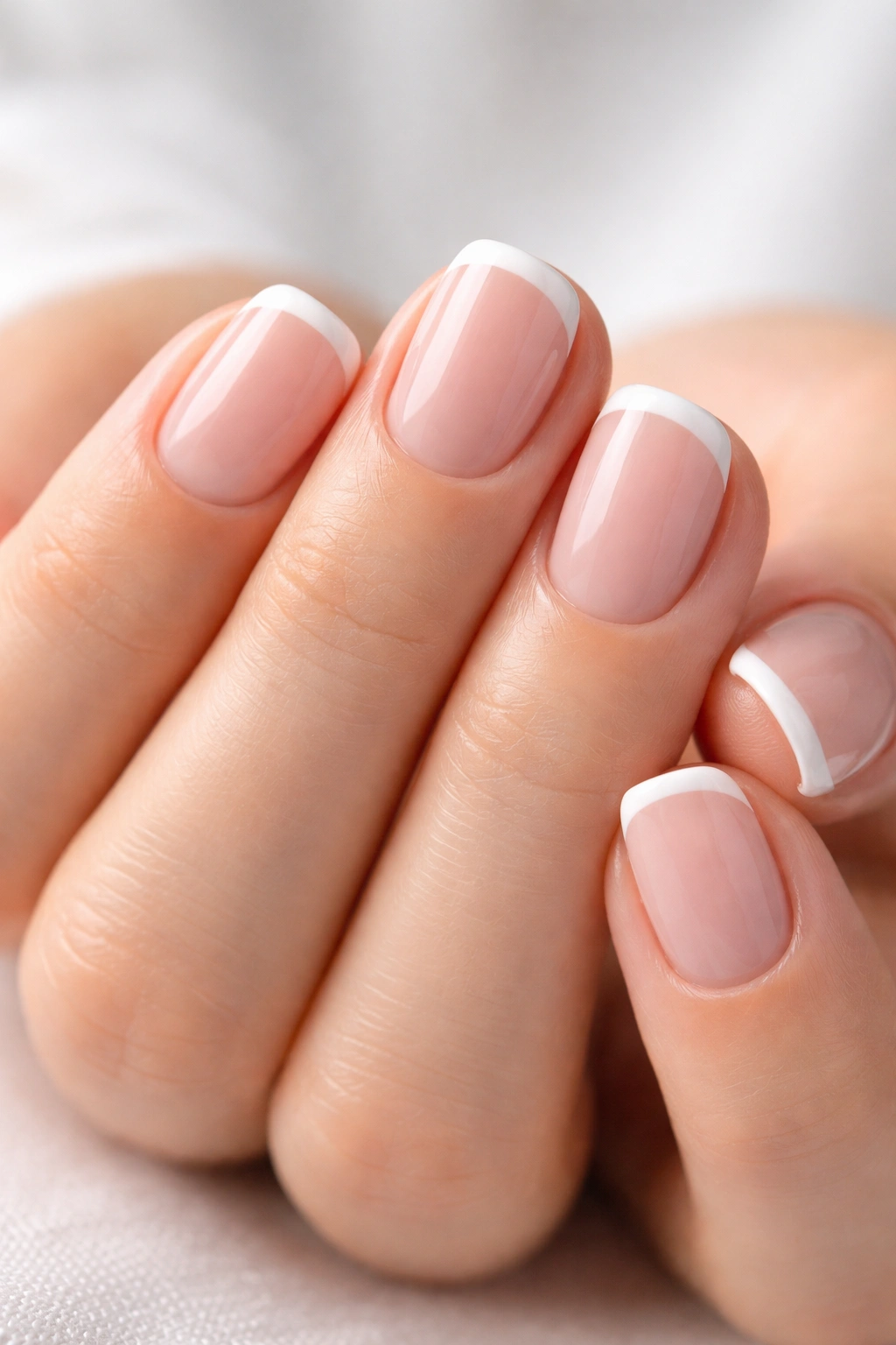 Close-up of short nails with a polished French tip manicure showcasing final home result