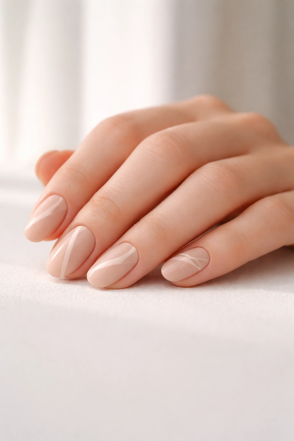 Calm hand with natural-toned minimalist nails in soft lighting.