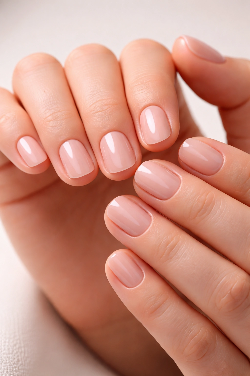 Close-up of glossy short nails with a polished finish