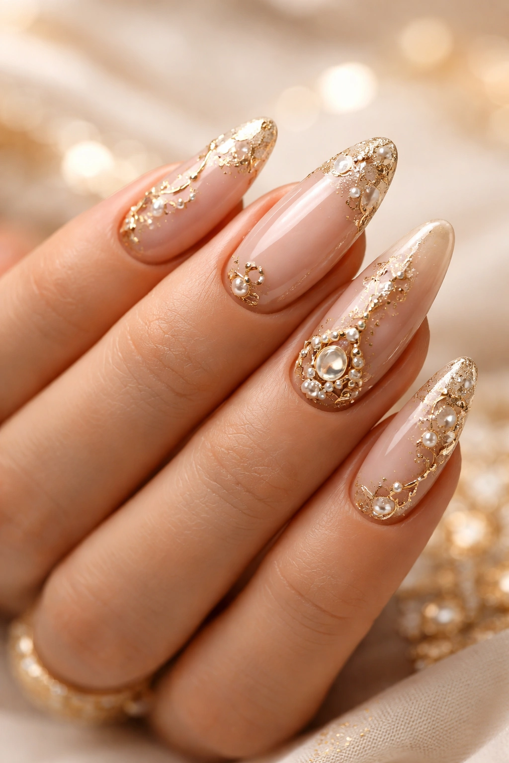 Close-up of a hand with gold-detail manicure on almond-shaped nails.