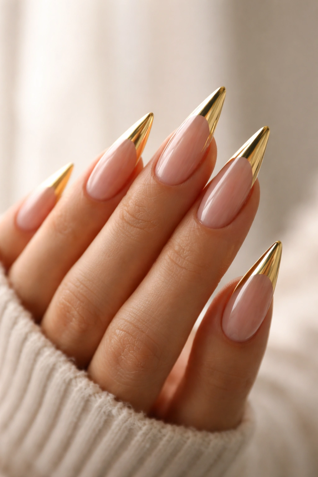 Close-up of a hand displaying gold French tip stiletto nails on a neutral backdrop.