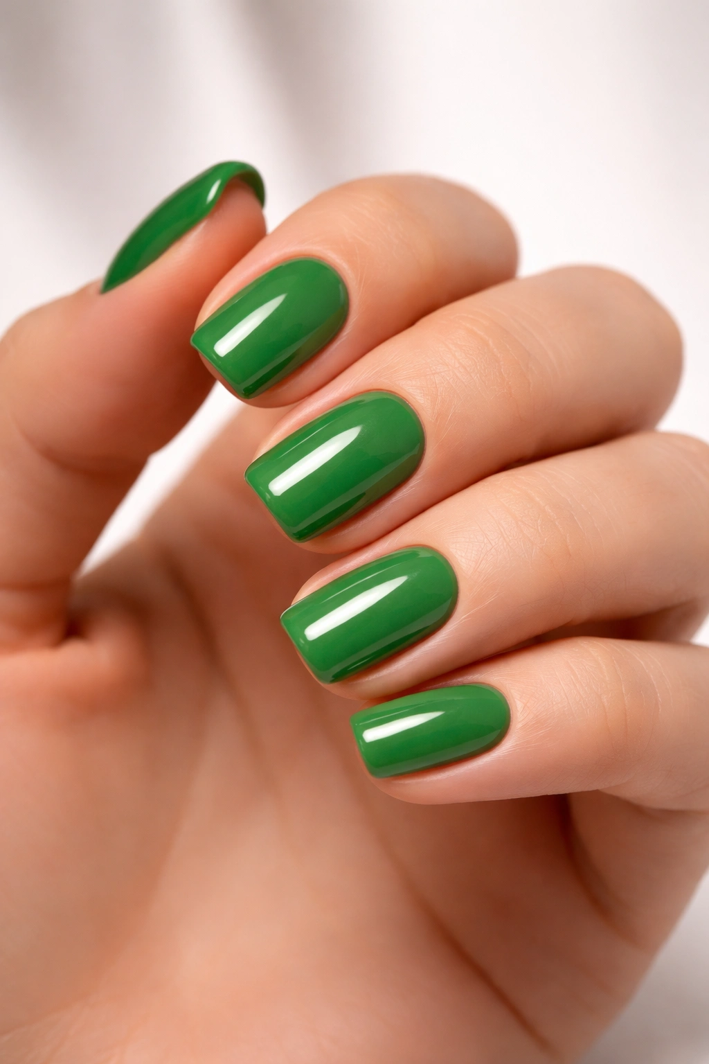 Hand with short squoval green acrylic nails in a minimalist studio setting