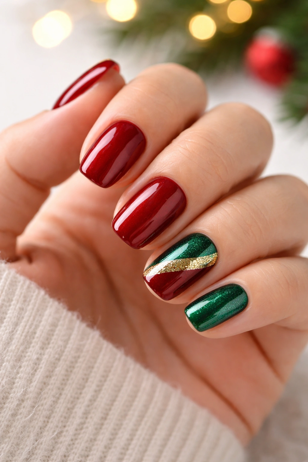 Close-up of short squoval nails with festive holiday manicure on neutral background