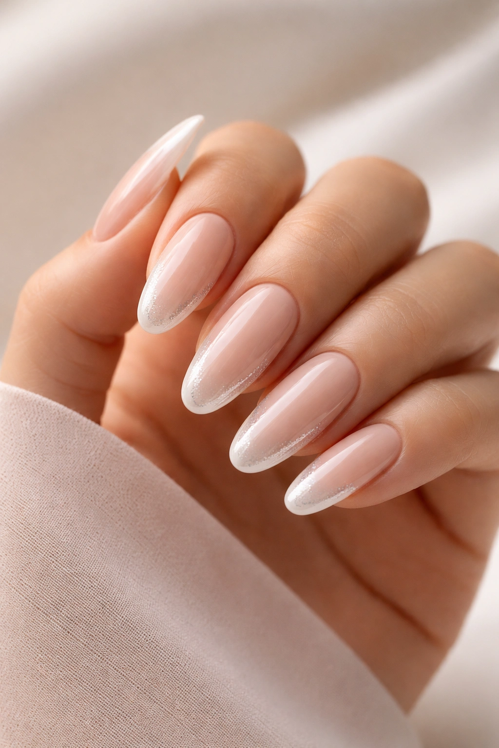 Close-up of a hand with long oval acrylic nails in a neutral nail design