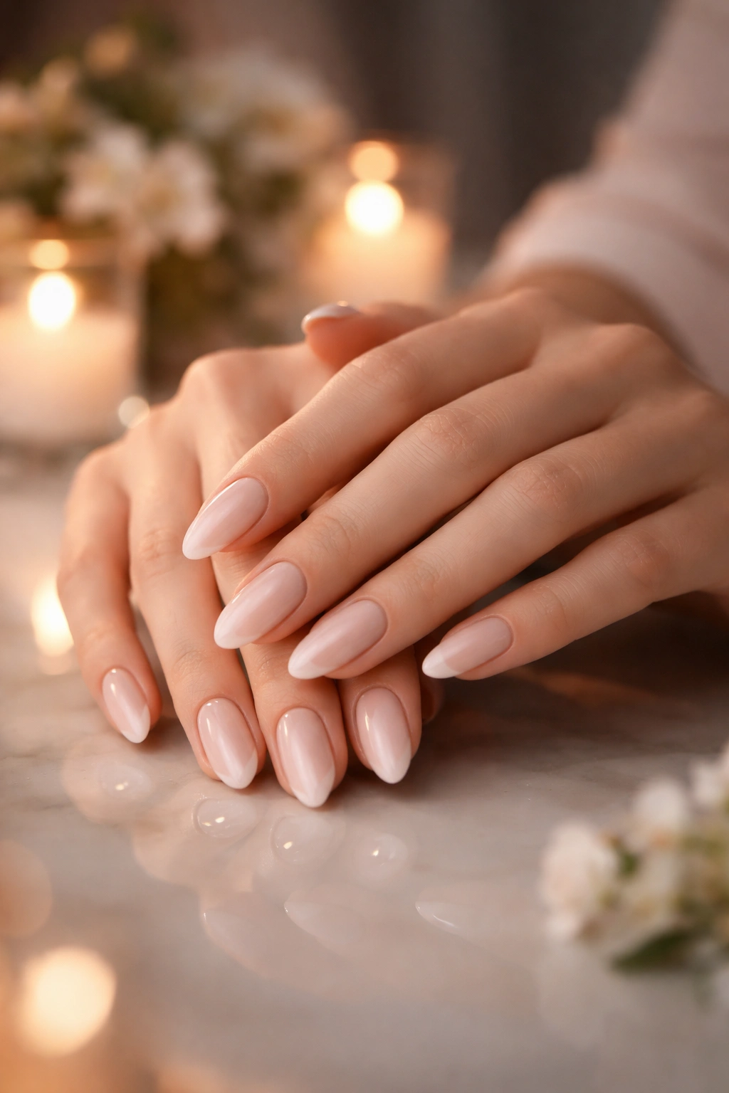 Close-up of hands with long oval nails in a neutral elegant manicure