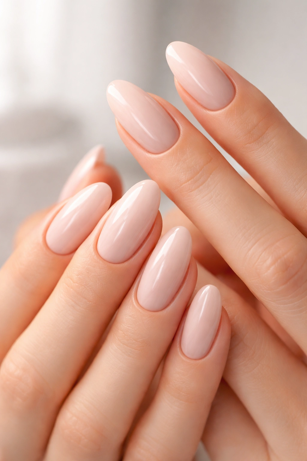 Close-up of hands with long oval nails in a neutral shade