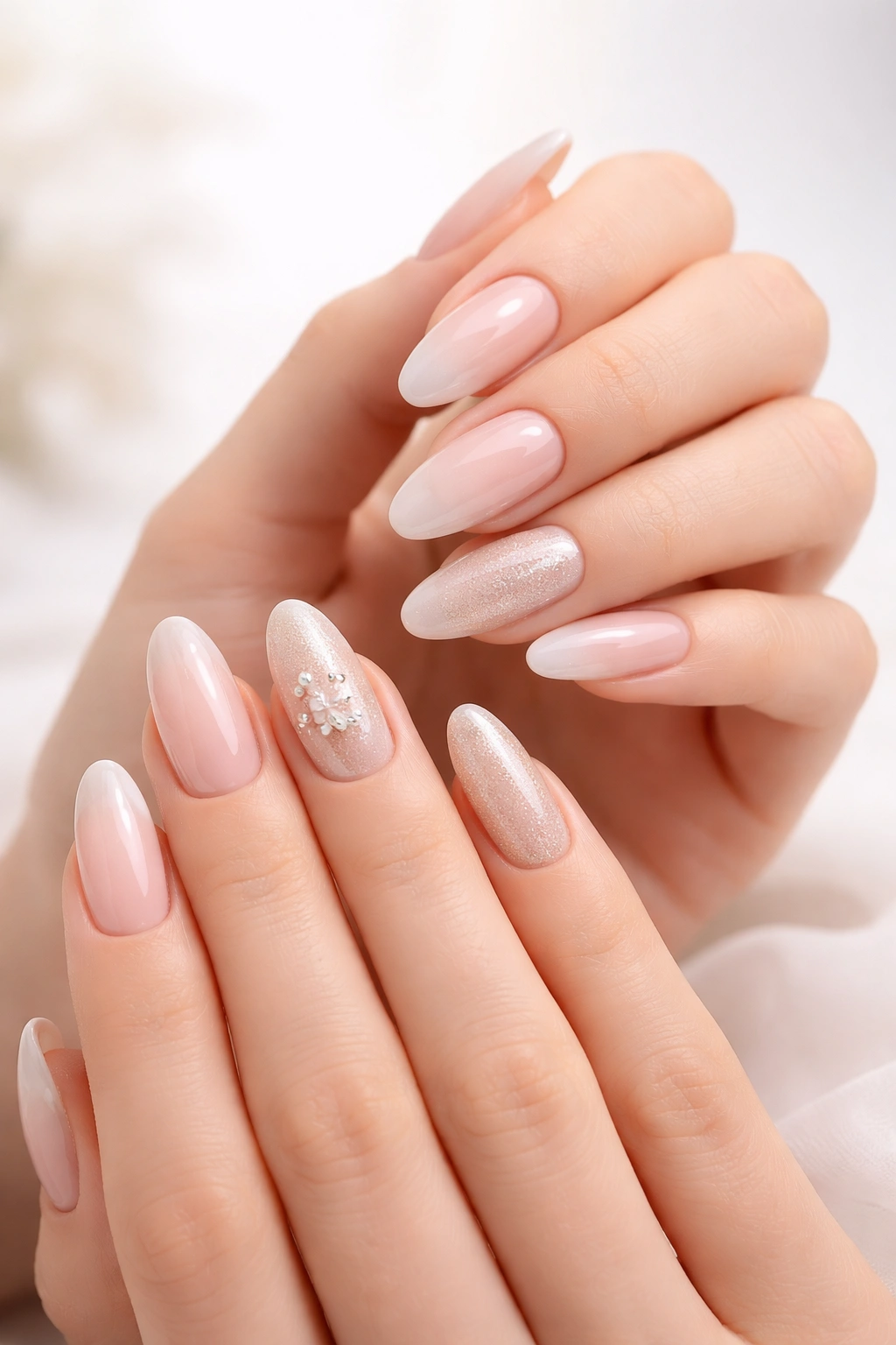 Hands showing long round nails in a cohesive manicure against a plain background