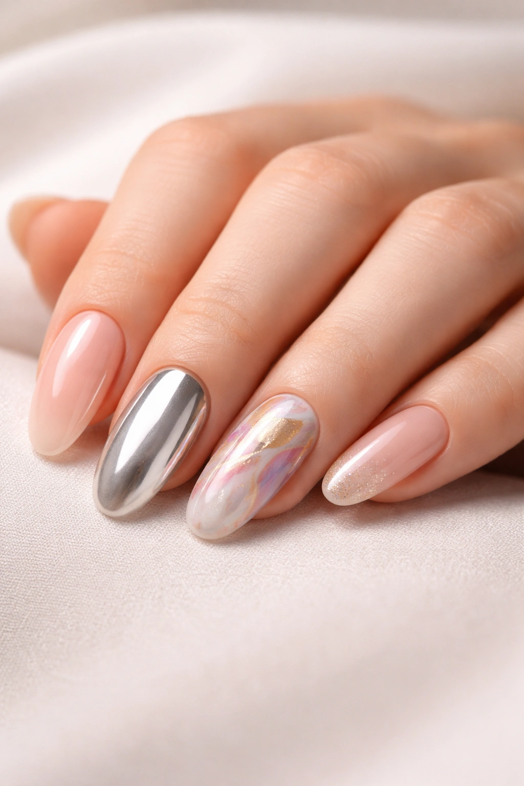 Close-up of a hand with long round nails in nude, chrome, and watercolor designs on a neutral background