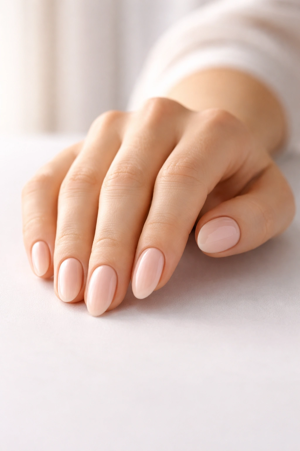 Thoughtful hand with manicured nails resting on a surface