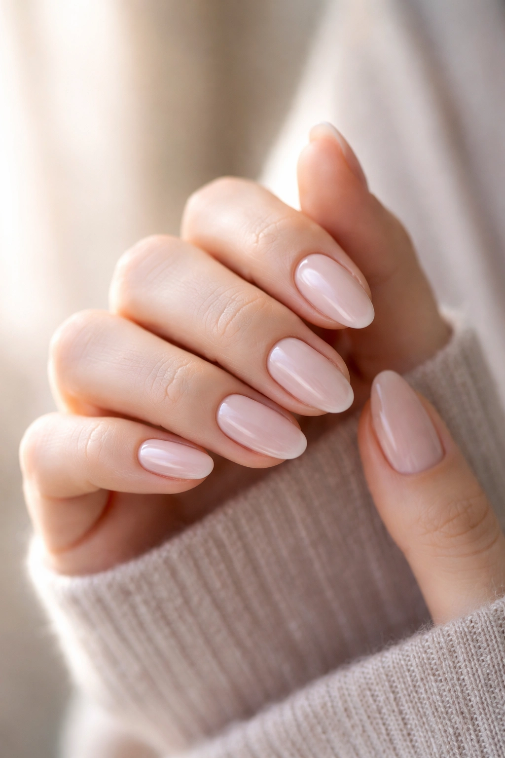 Close-up of hand with neatly manicured nails in a thoughtful pose