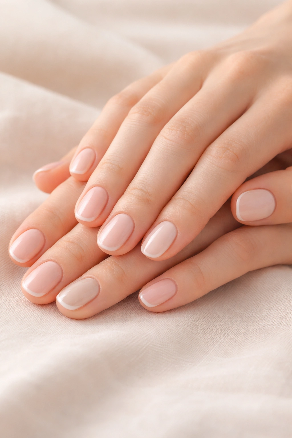 Close-up of hands with short round nails in simple polished finishes