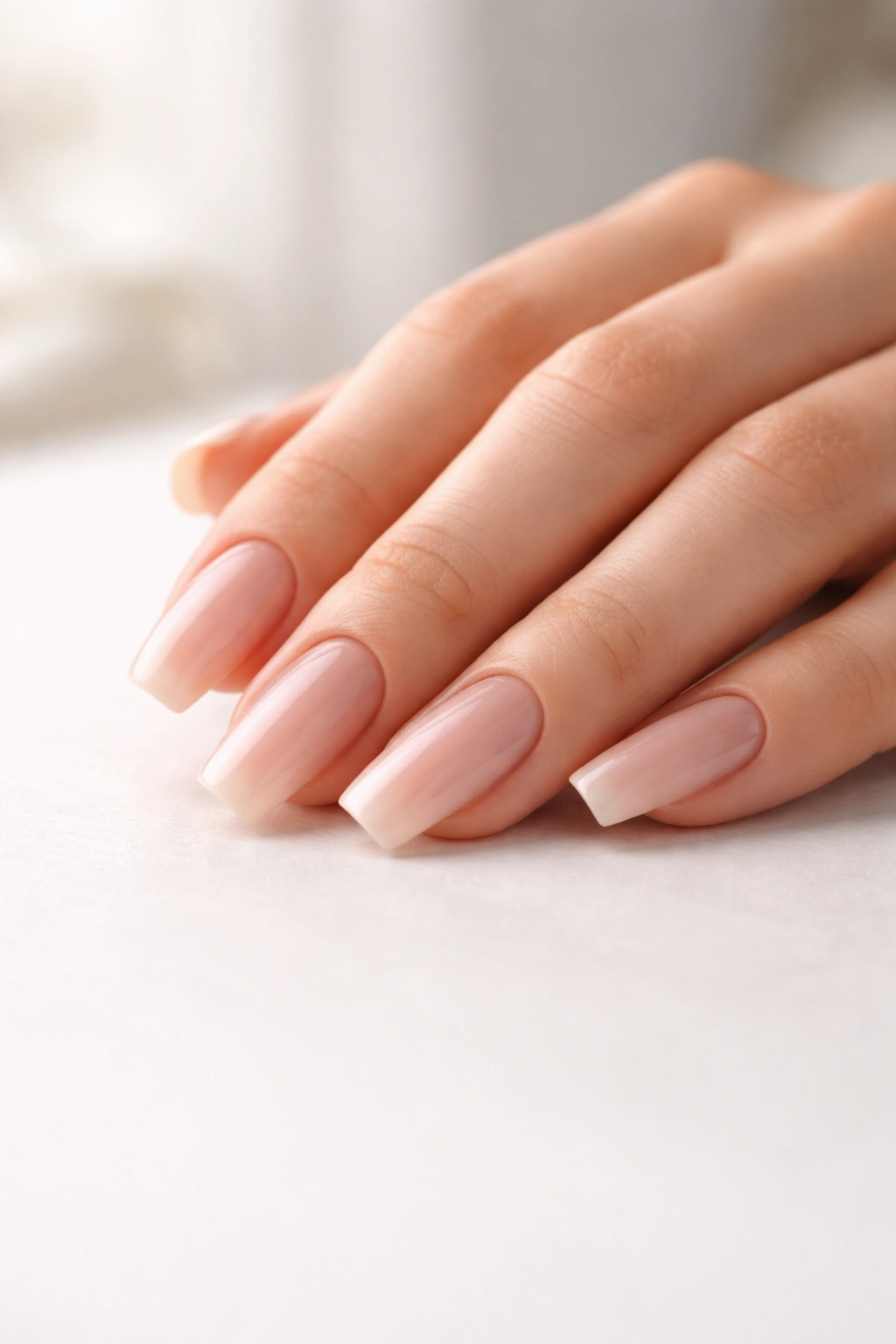 Close-up of a hand with natural nude long nails reflecting final thoughts